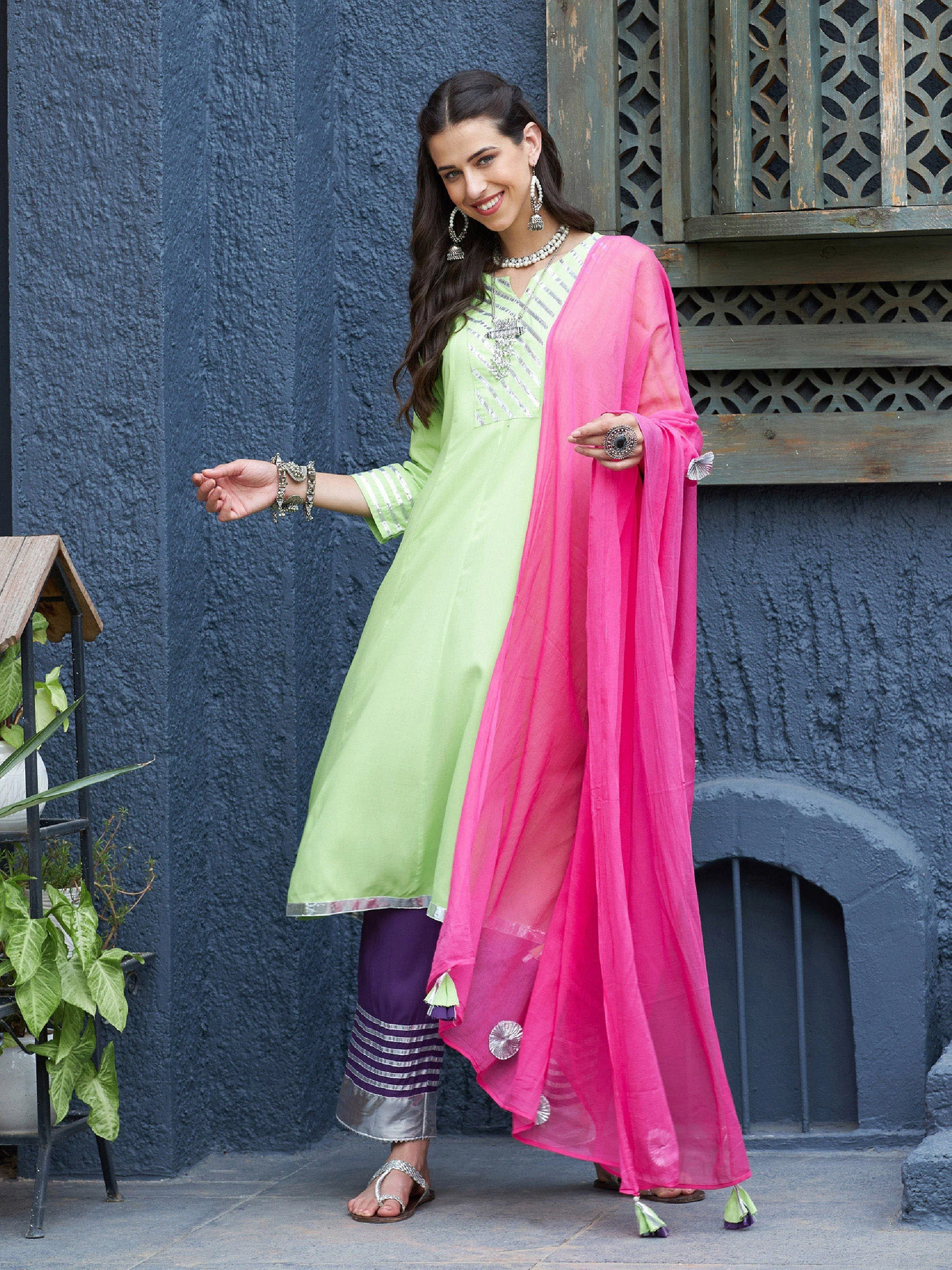 Women Green & Purple Gota Anarkali Kurta Set With Fuchsia Dupatta