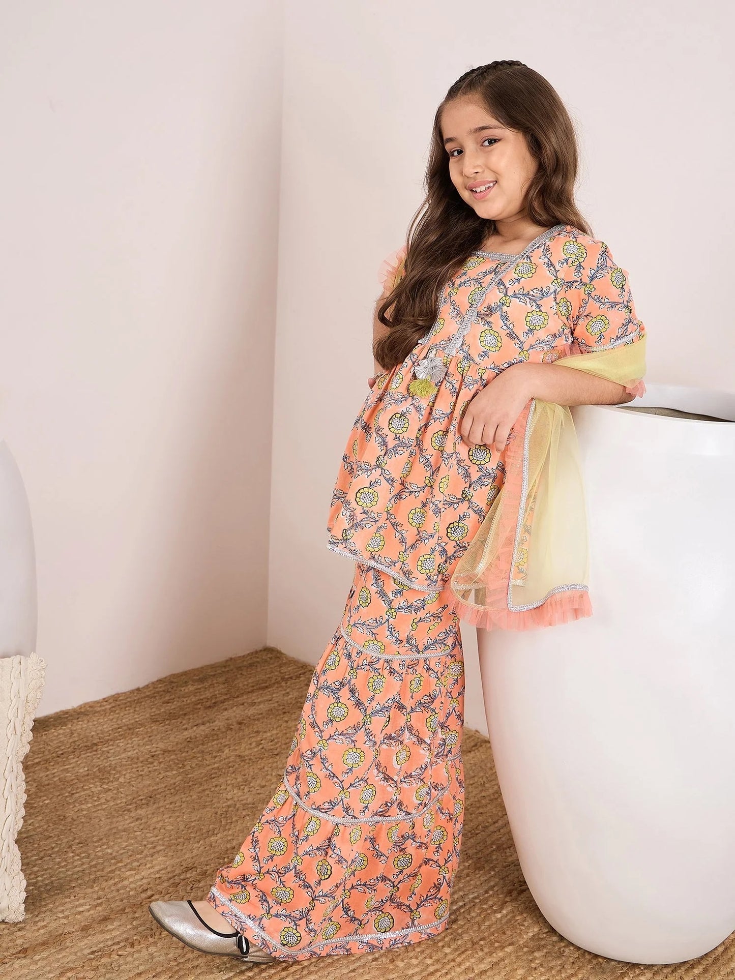 Girls Floral Printed Empire Kurti With Sharara & With Dupatta