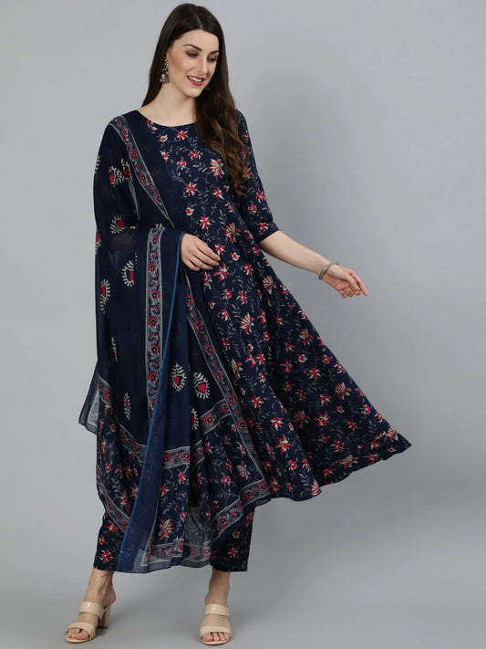 Women Navy Blue & Pink Floral Printed Flared kurta And Trouser With Dupatta