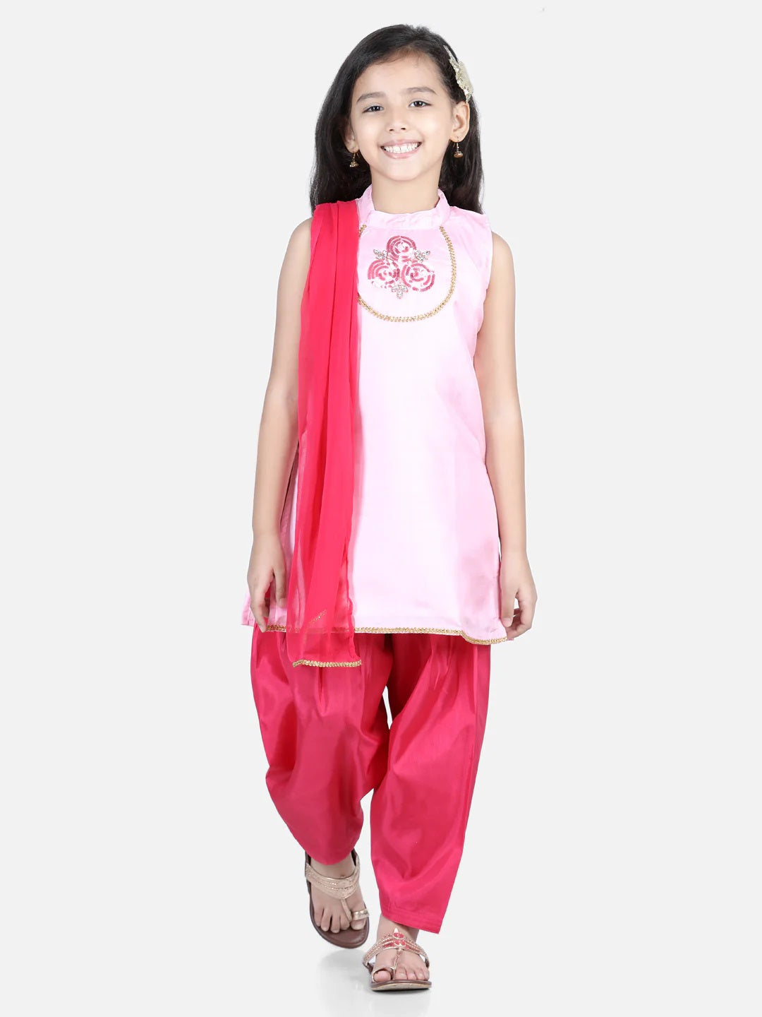 Hand Embroidered Silk Kurti Salwar For Girls-Pink