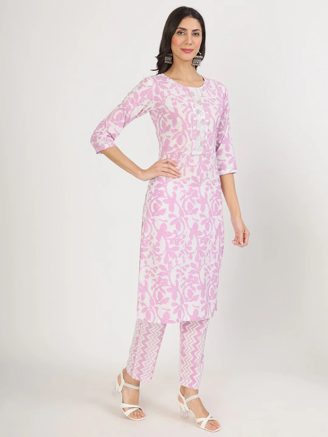 Purple Floral Print Cotton Kurta Pant With Dupatta Set For Women