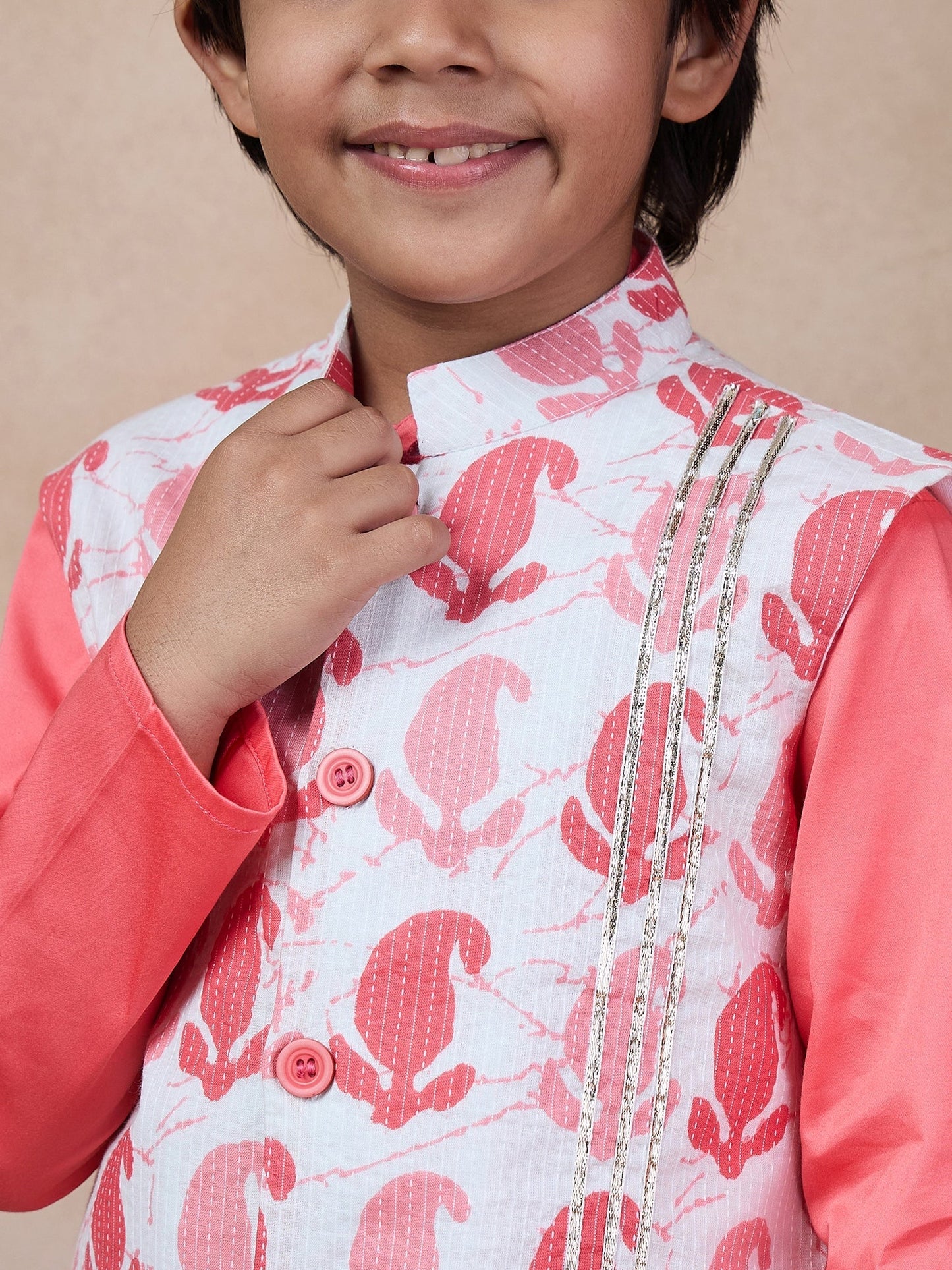 Boys Mandarin Collar Long Sleeves Straight Kurta With Pyjamas Jacket