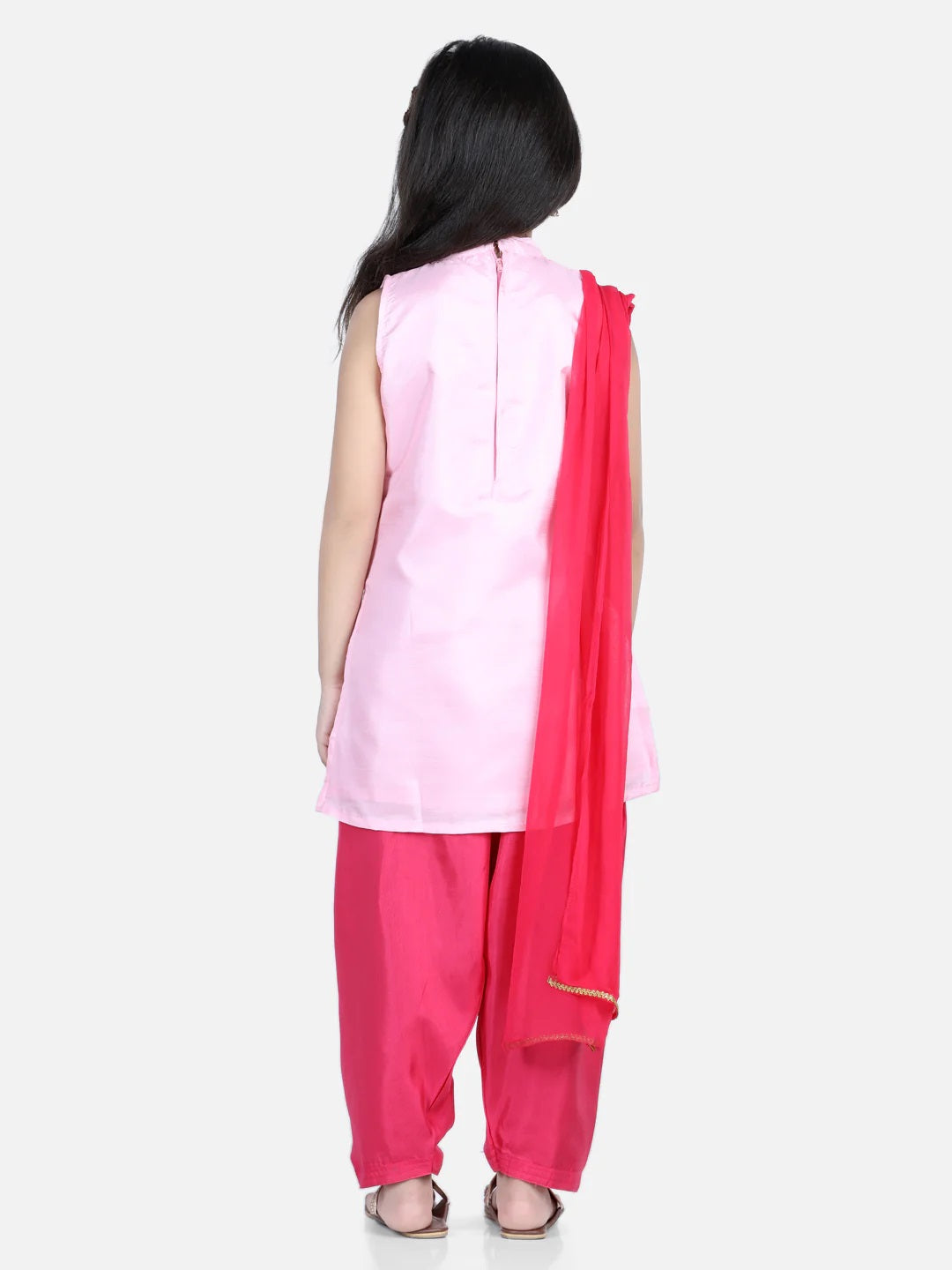 Hand Embroidered Silk Kurti Salwar For Girls-Pink