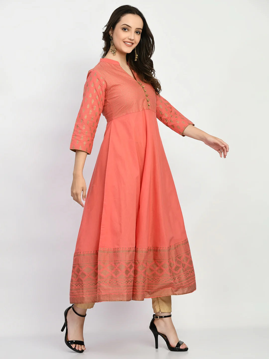 Peach Handblock Printed Anarkali Kurta