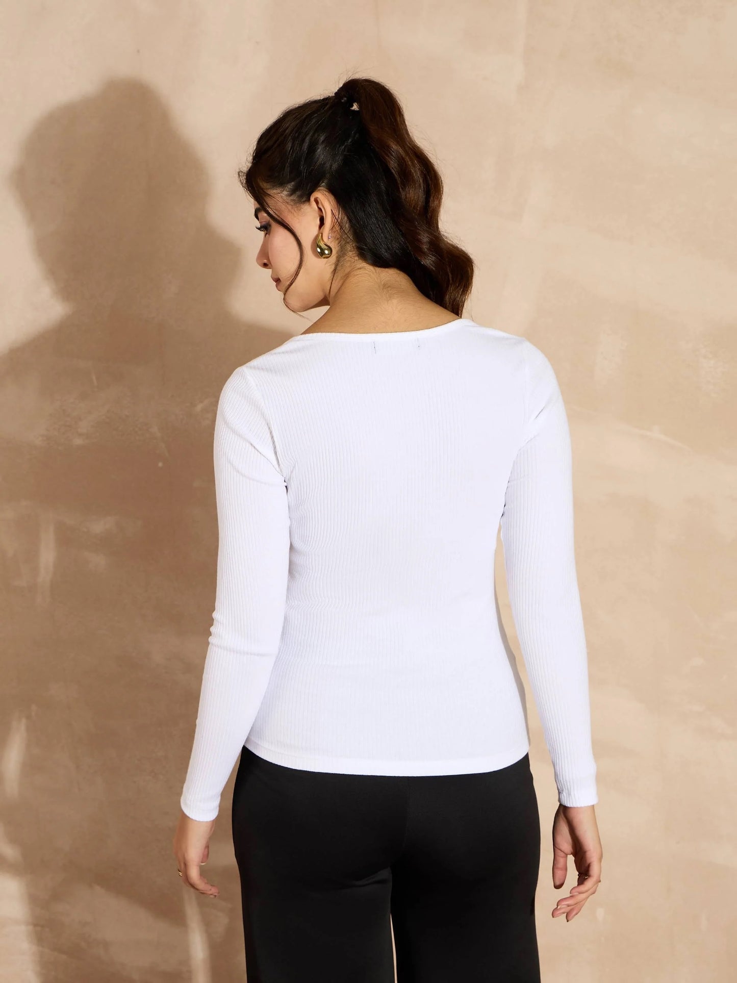 Women White Rib Square Neck Full Sleeves Top