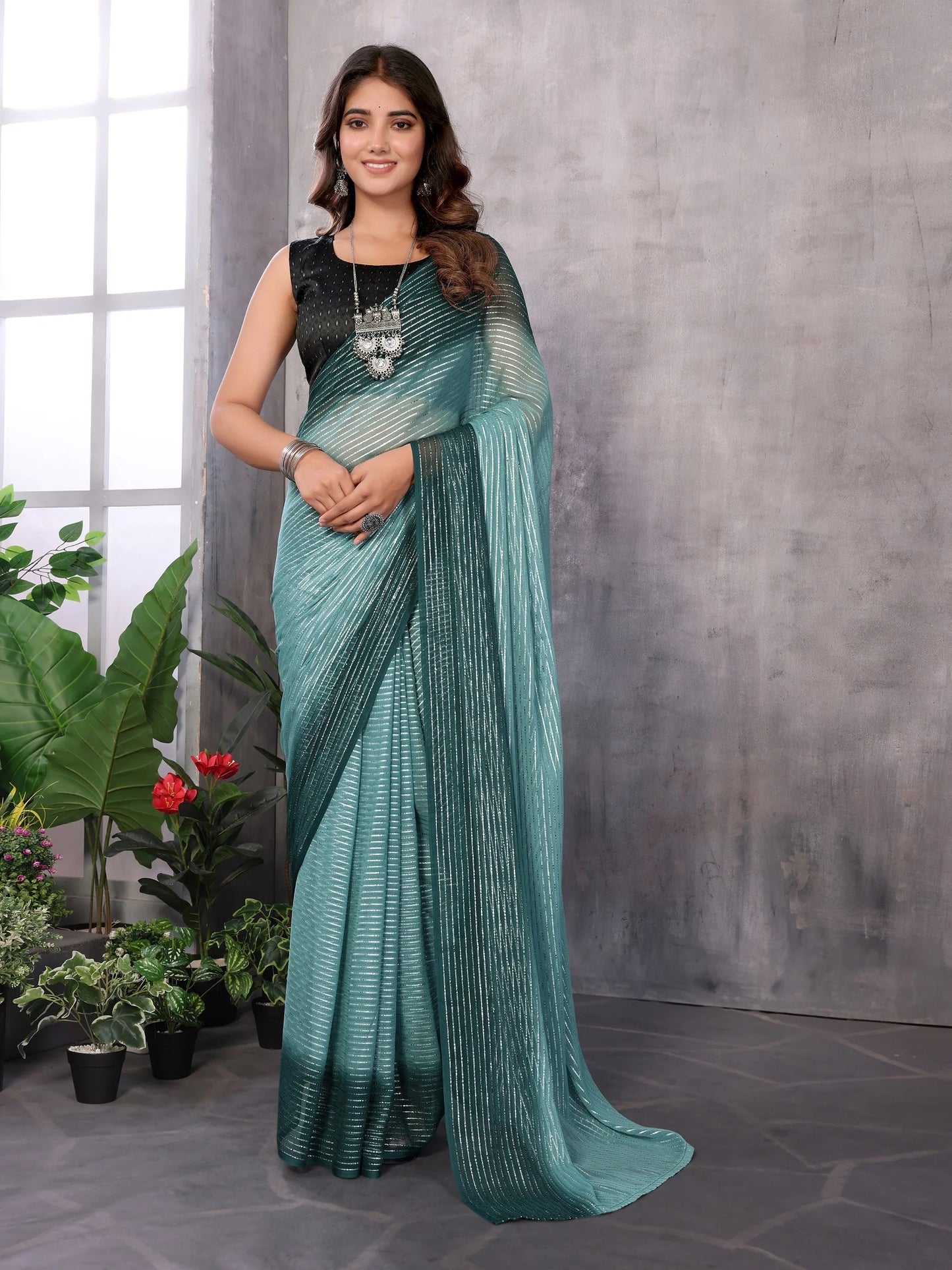 Women Party Wear Jari Weaving Worked Ready To Wear Saree With Un Stitched Blouse(Up To 44)Petrol Green