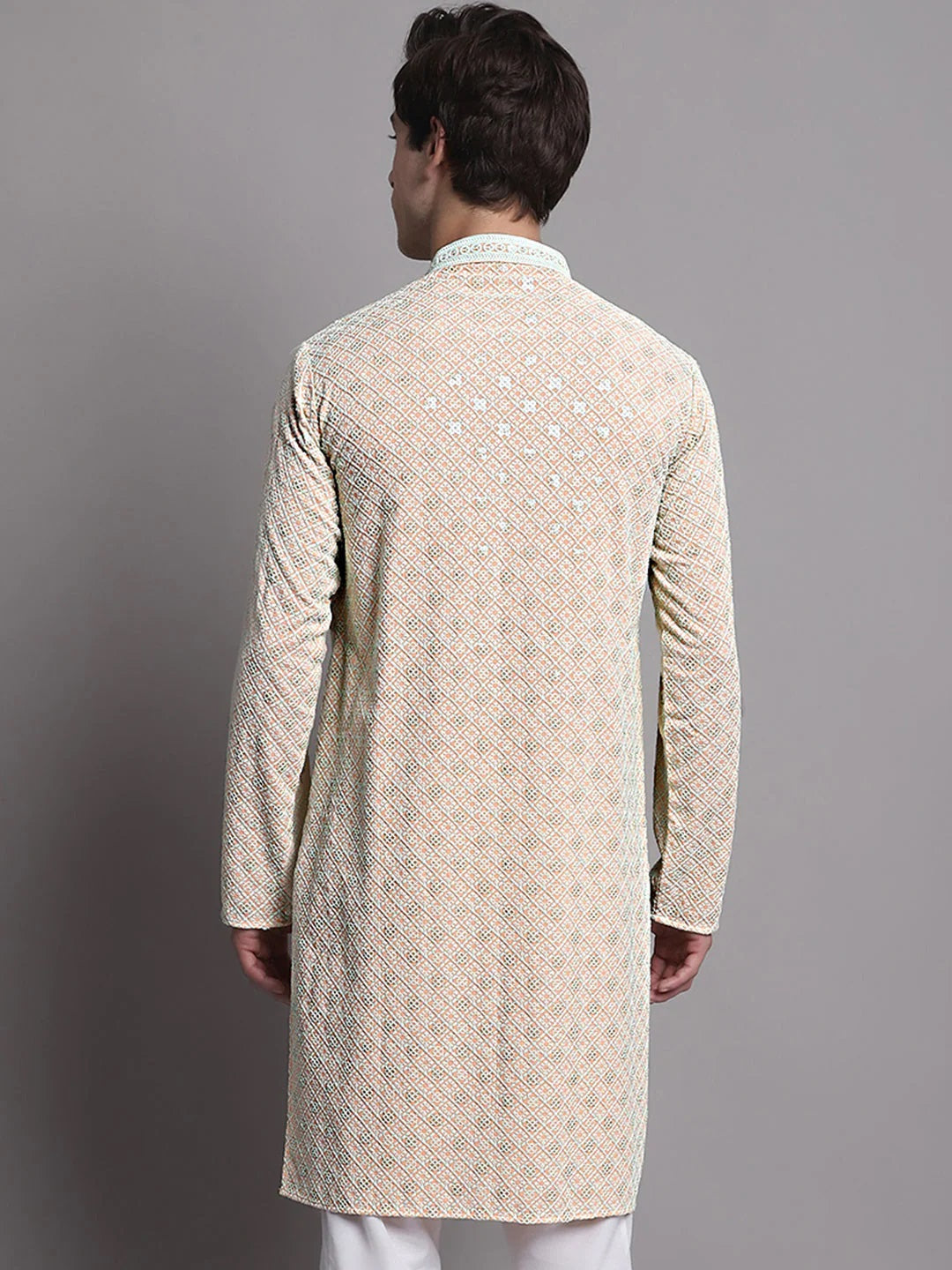 Men'S Peach Chikankari Embroidered And Sequence Kurta