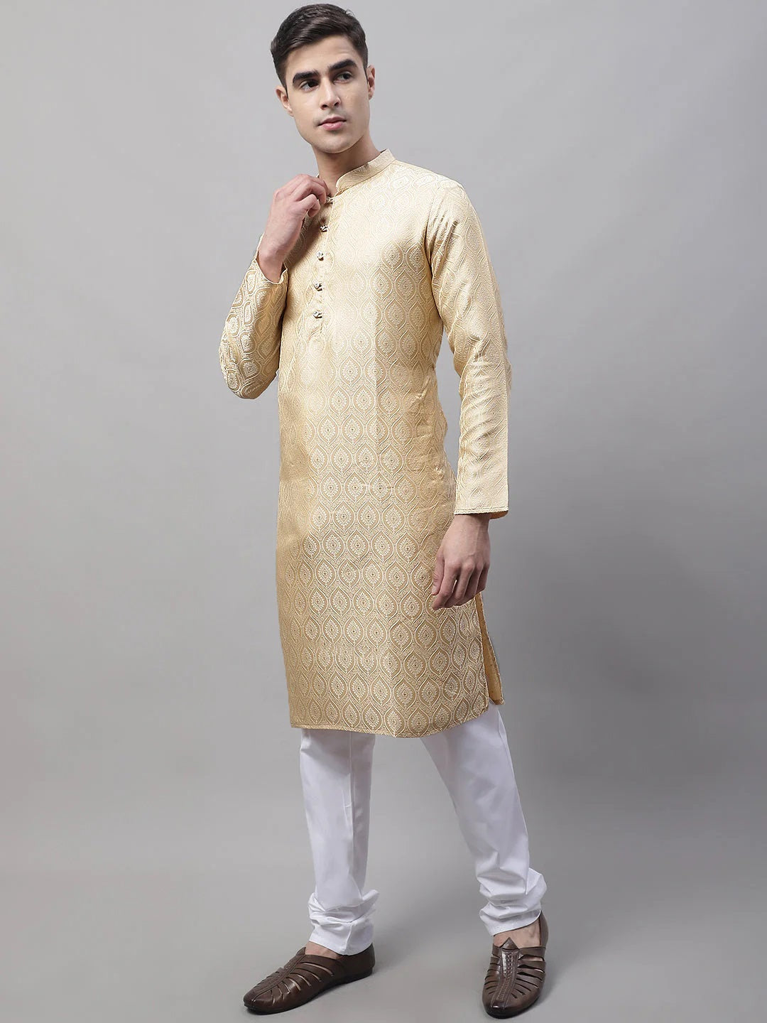 Men Ethnic Beige Woven Design Kurta With Pyjamas