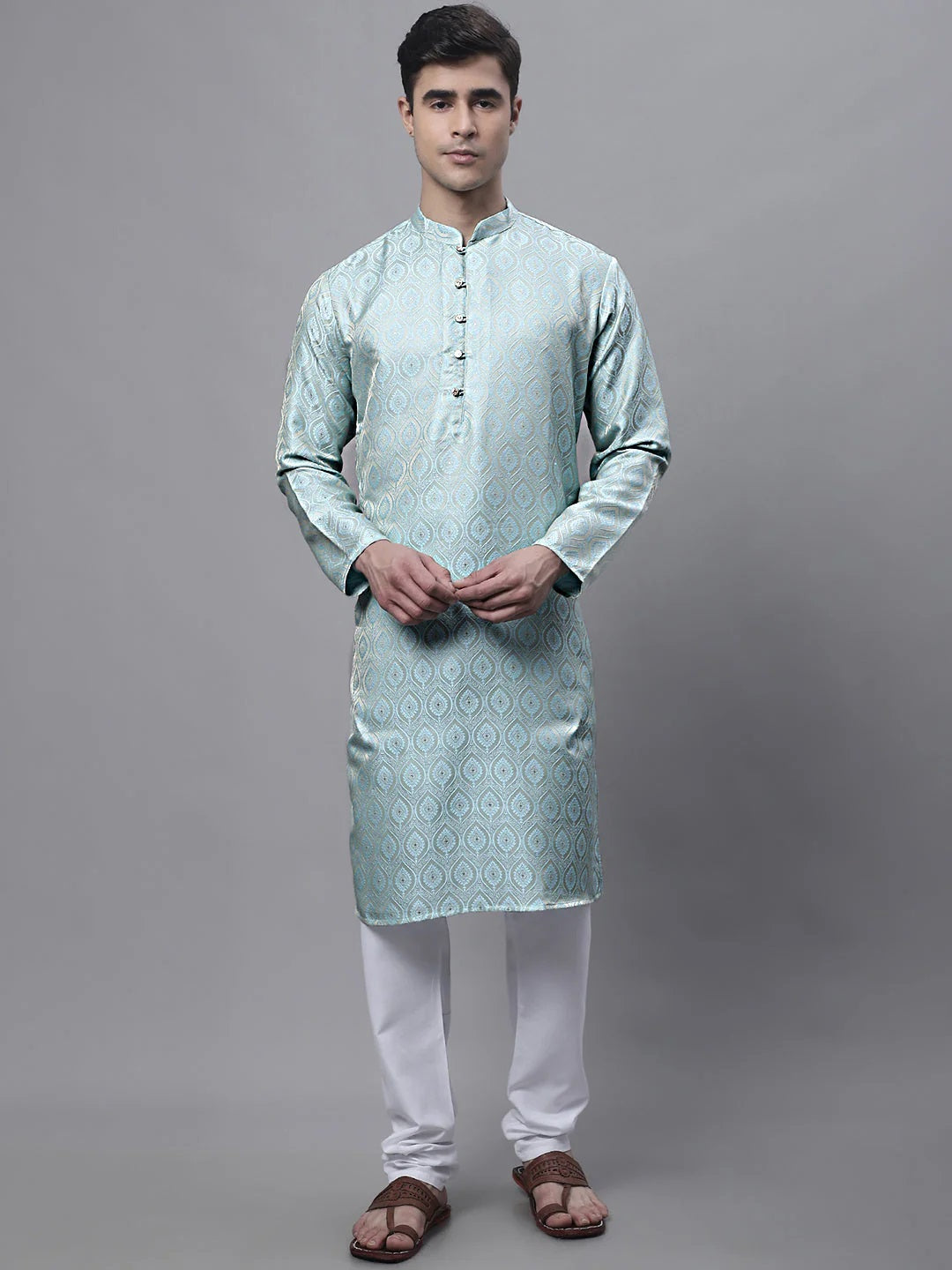 Men Ethnic Sky Blue Woven Design Kurta With Pyjamas