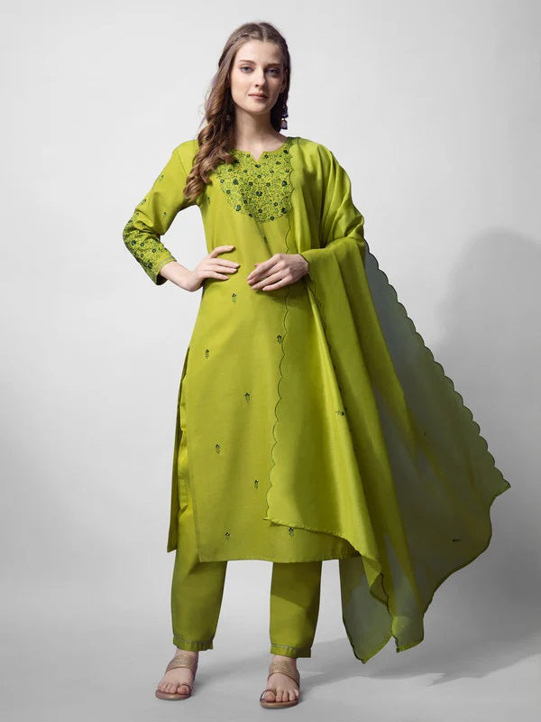 Womens Parrot Embroidered Cotton Blend Kurta Pant Set With Dupatta