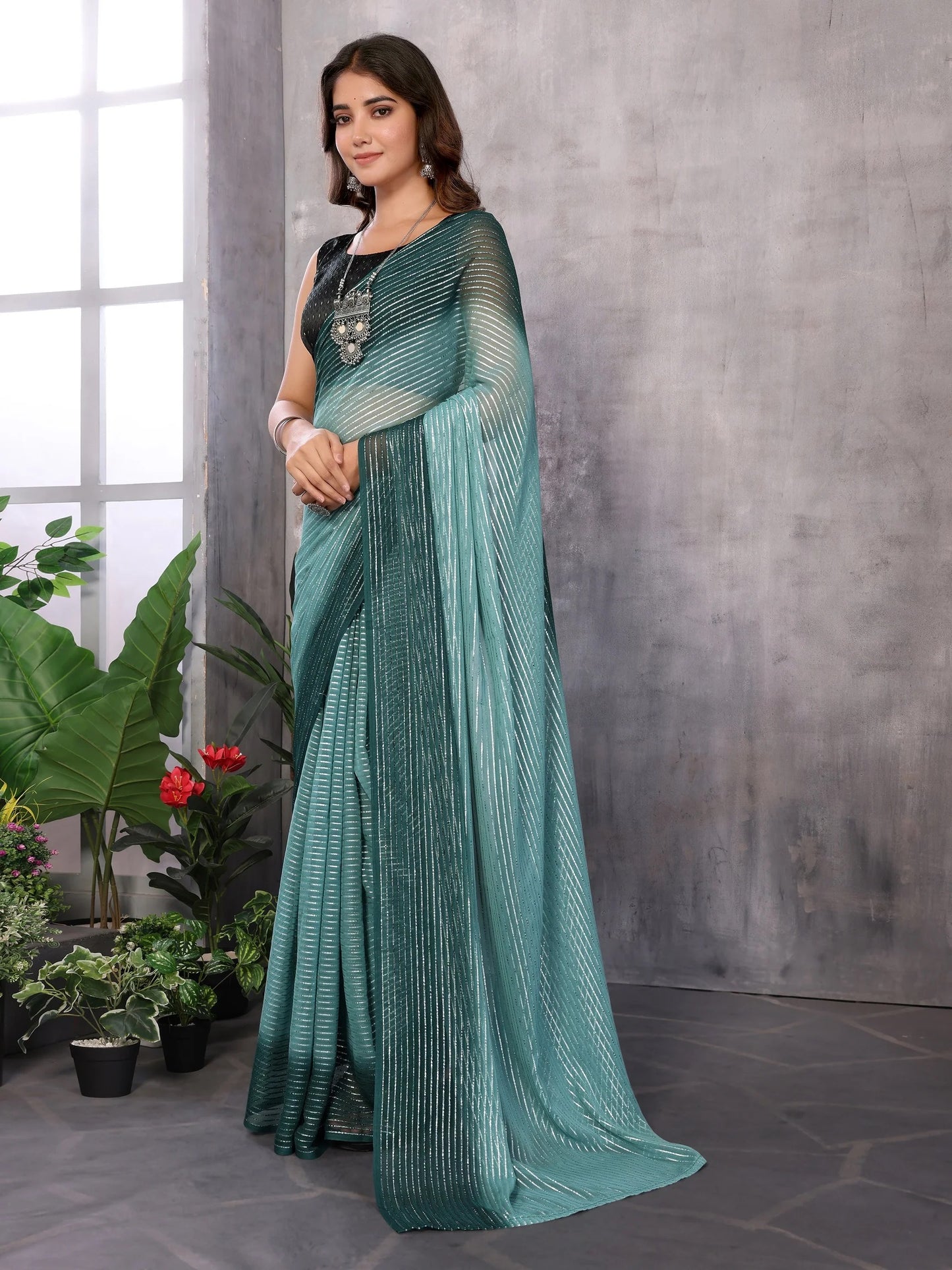 Women Party Wear Jari Weaving Worked Ready To Wear Saree With Un Stitched Blouse(Up To 44)Petrol Green