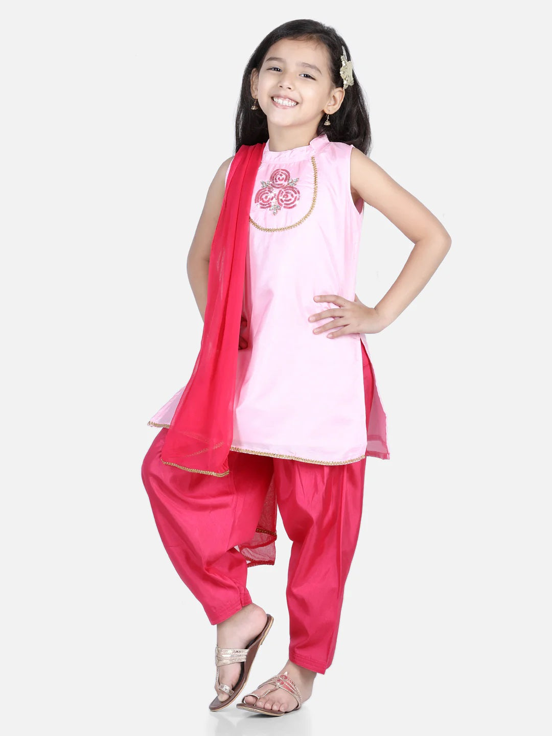 Hand Embroidered Silk Kurti Salwar For Girls-Pink