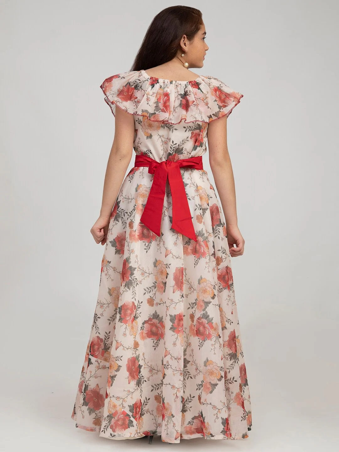 Girl'S Off White & Red Floral Print Maxi Dress