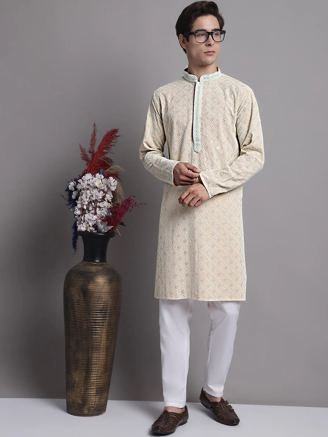 Men'S Peach Chikankari Embroidered And Sequence Kurta