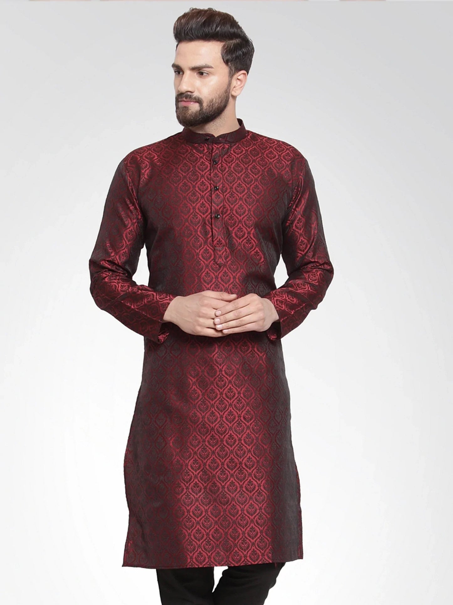 Men Maroon-Colored & Black Self Design Kurta Only