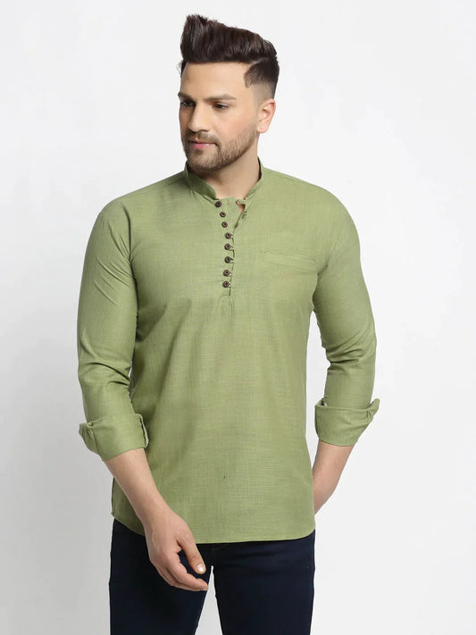 Men'S Olive Green Solid Cotton Short Kurta