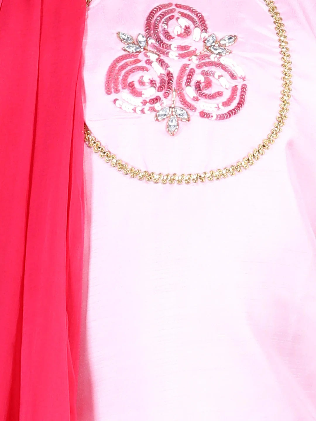 Hand Embroidered Silk Kurti Salwar For Girls-Pink