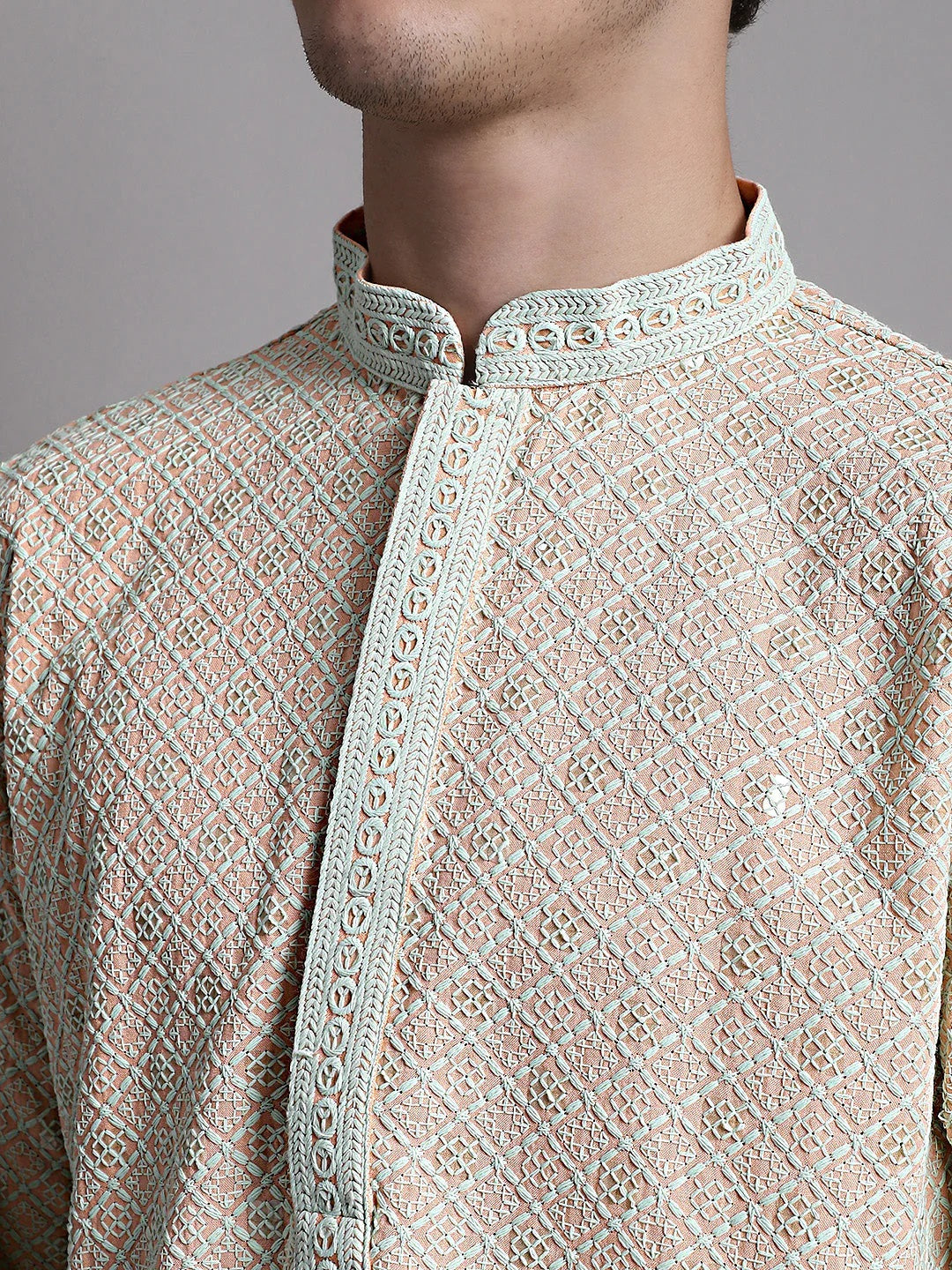 Men'S Peach Chikankari Embroidered And Sequence Kurta