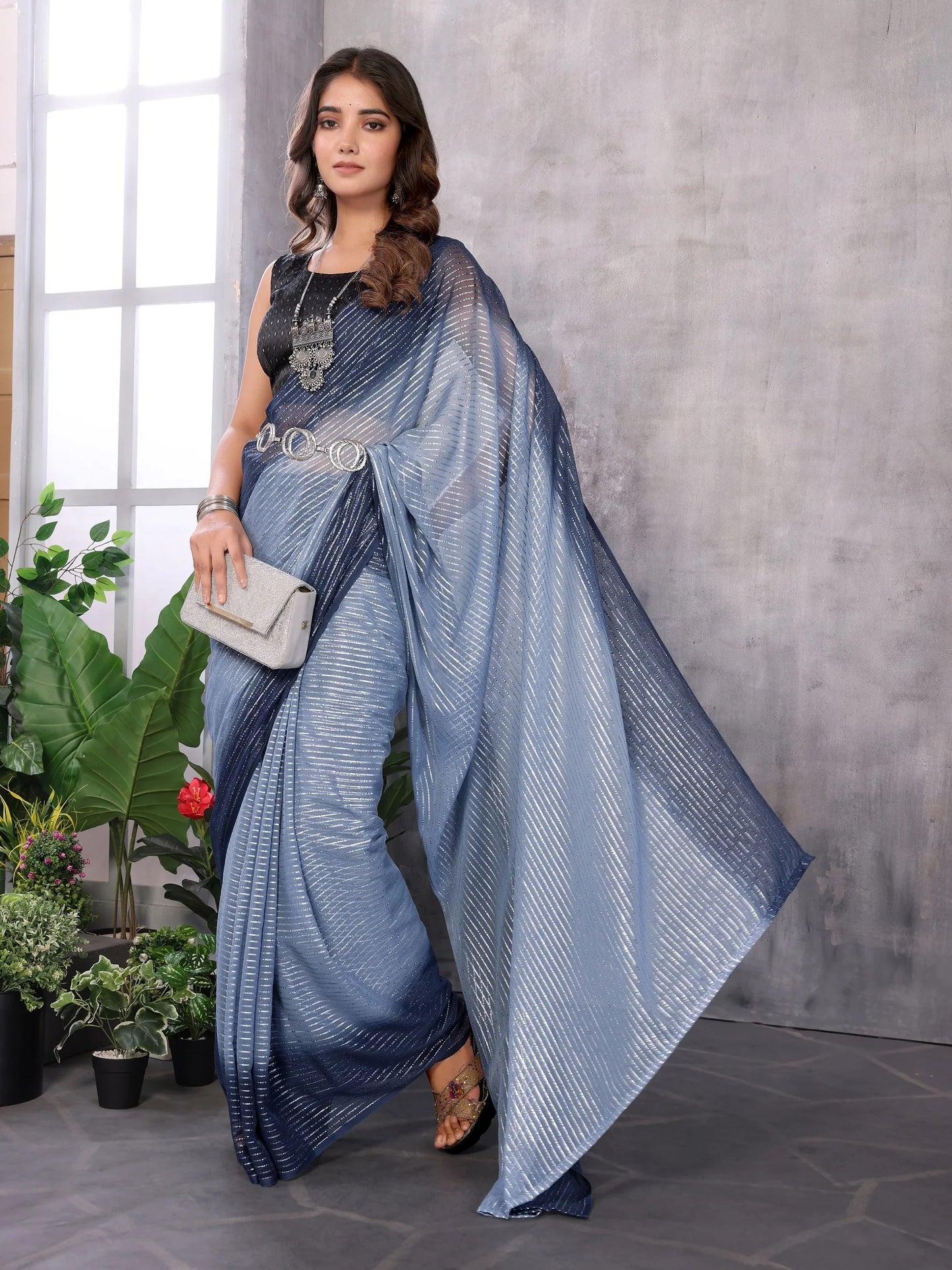 Women Party Wear Jari Weaving Worked Ready To Wear Saree With Un Stitched Blouse(Up To 44)Grey