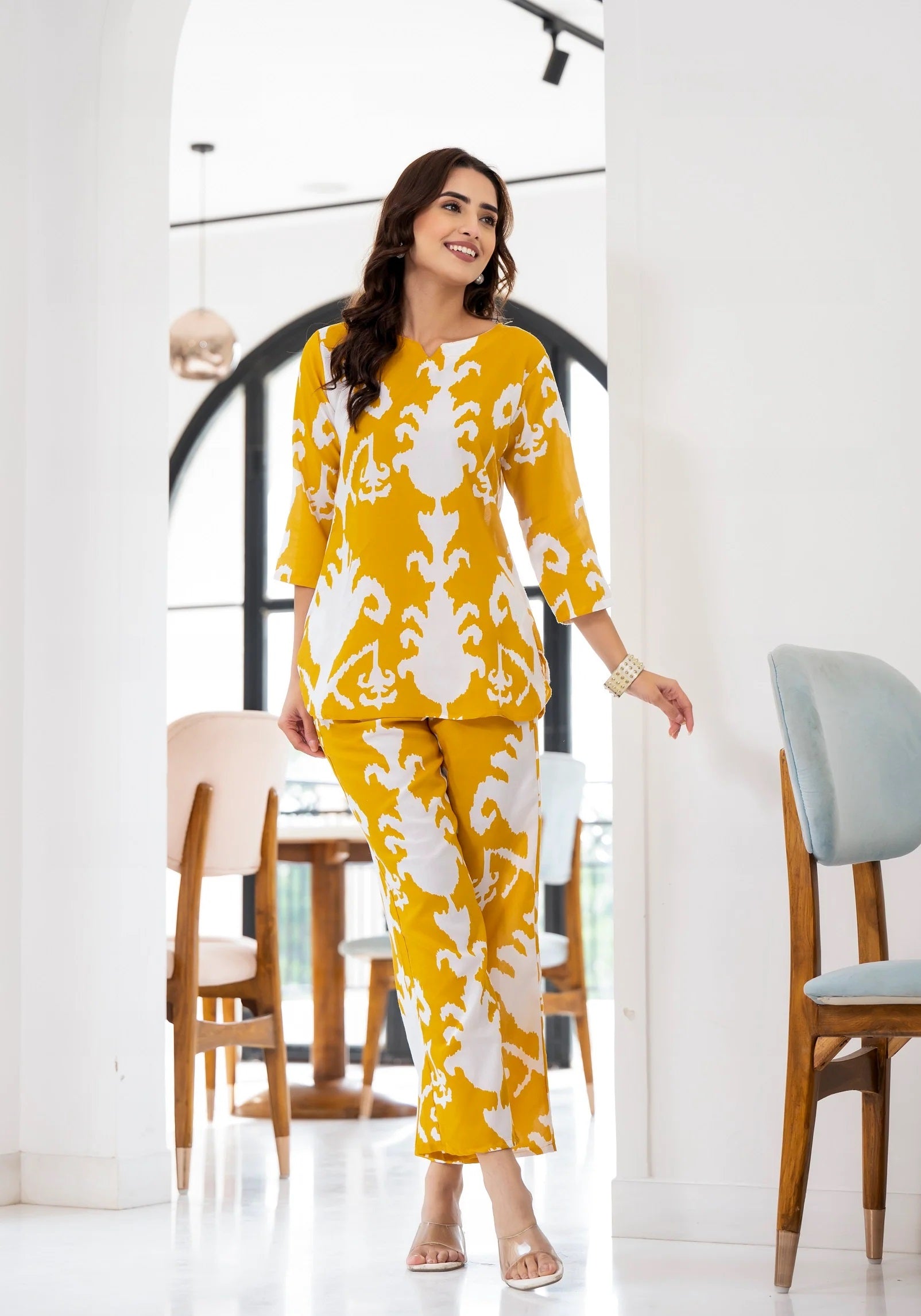 Women Party Wear Flower Printed Co-Ord Set Top With Bottom (Yellow)