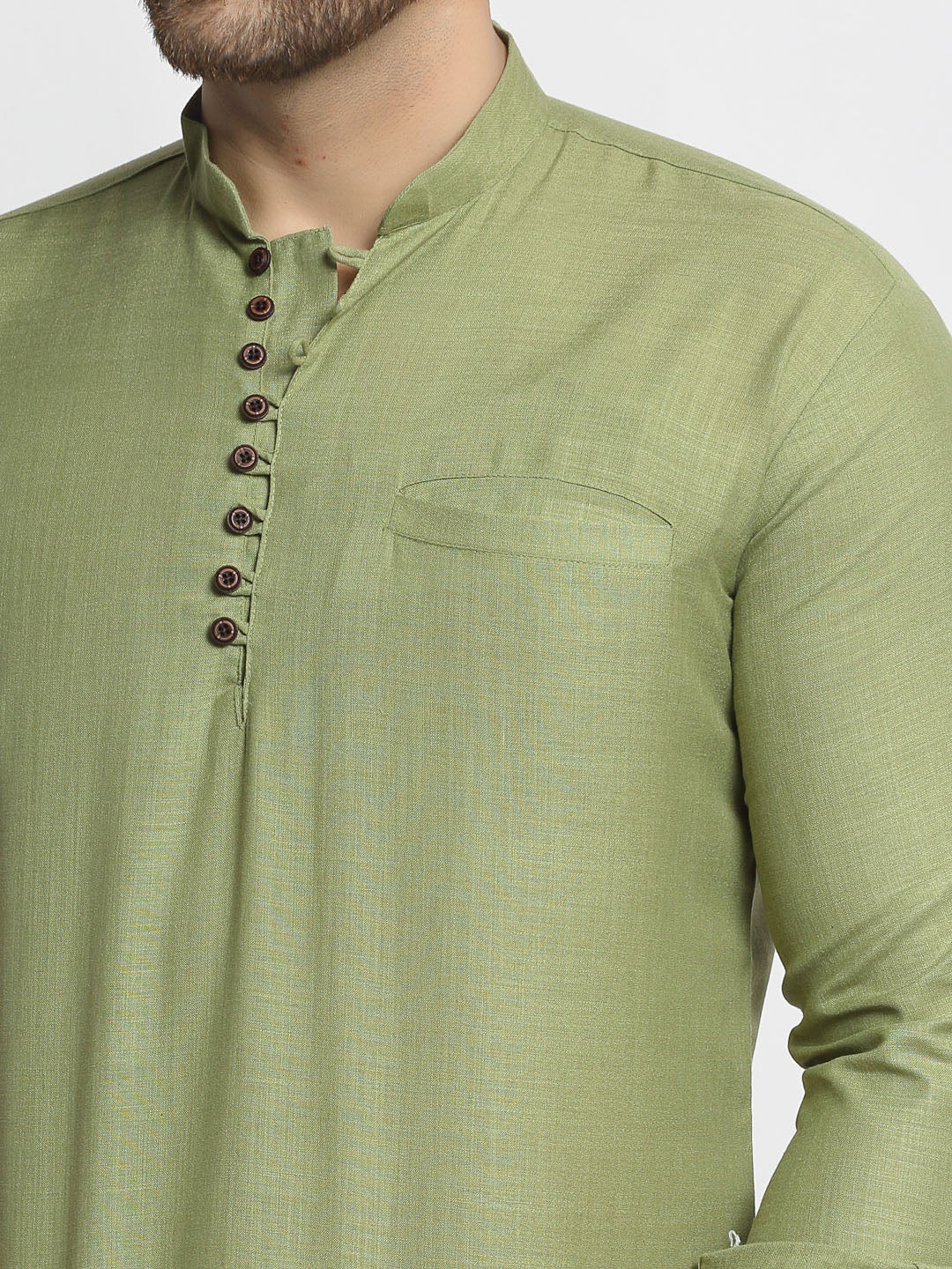 Men'S Olive Green Solid Cotton Short Kurta