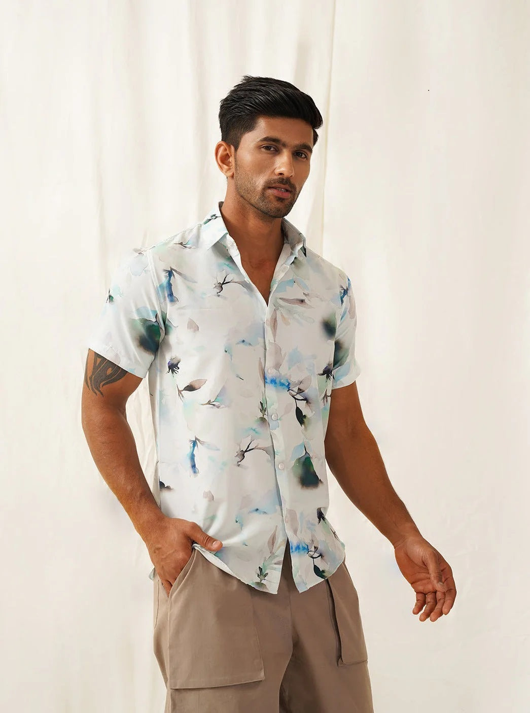 Classic Blue Floral Printed Spread Collar Cotton Curved Casual Shirt