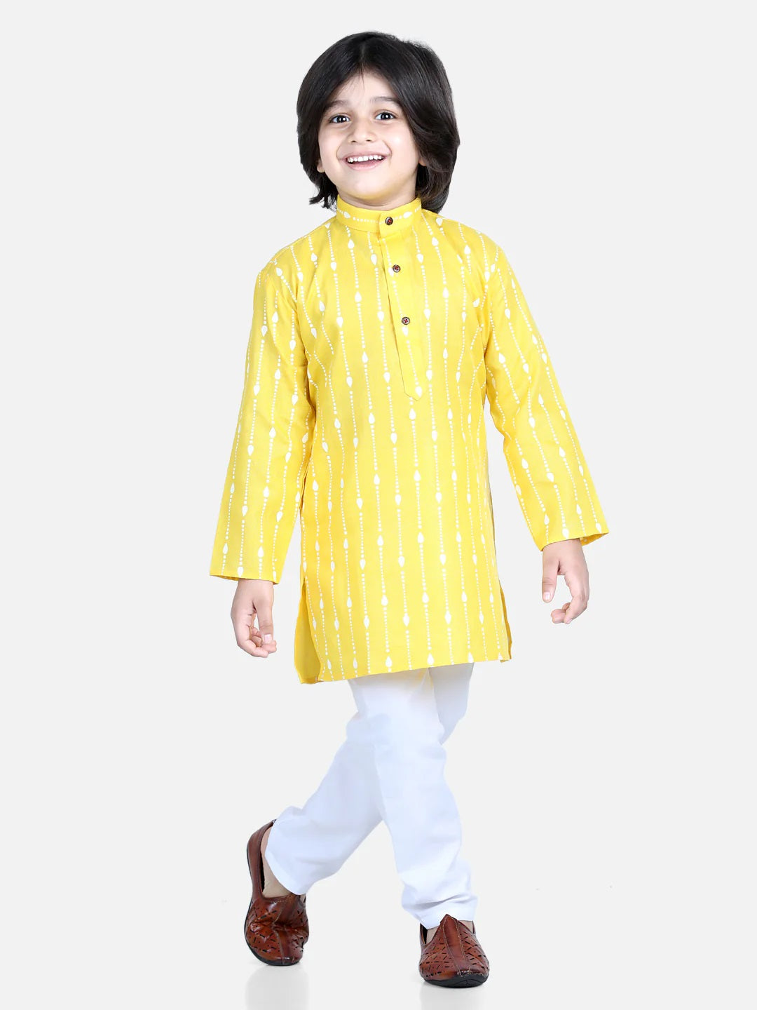 Printed Full Sleeve Cotton Kurta Pajama For Boys- Yellow