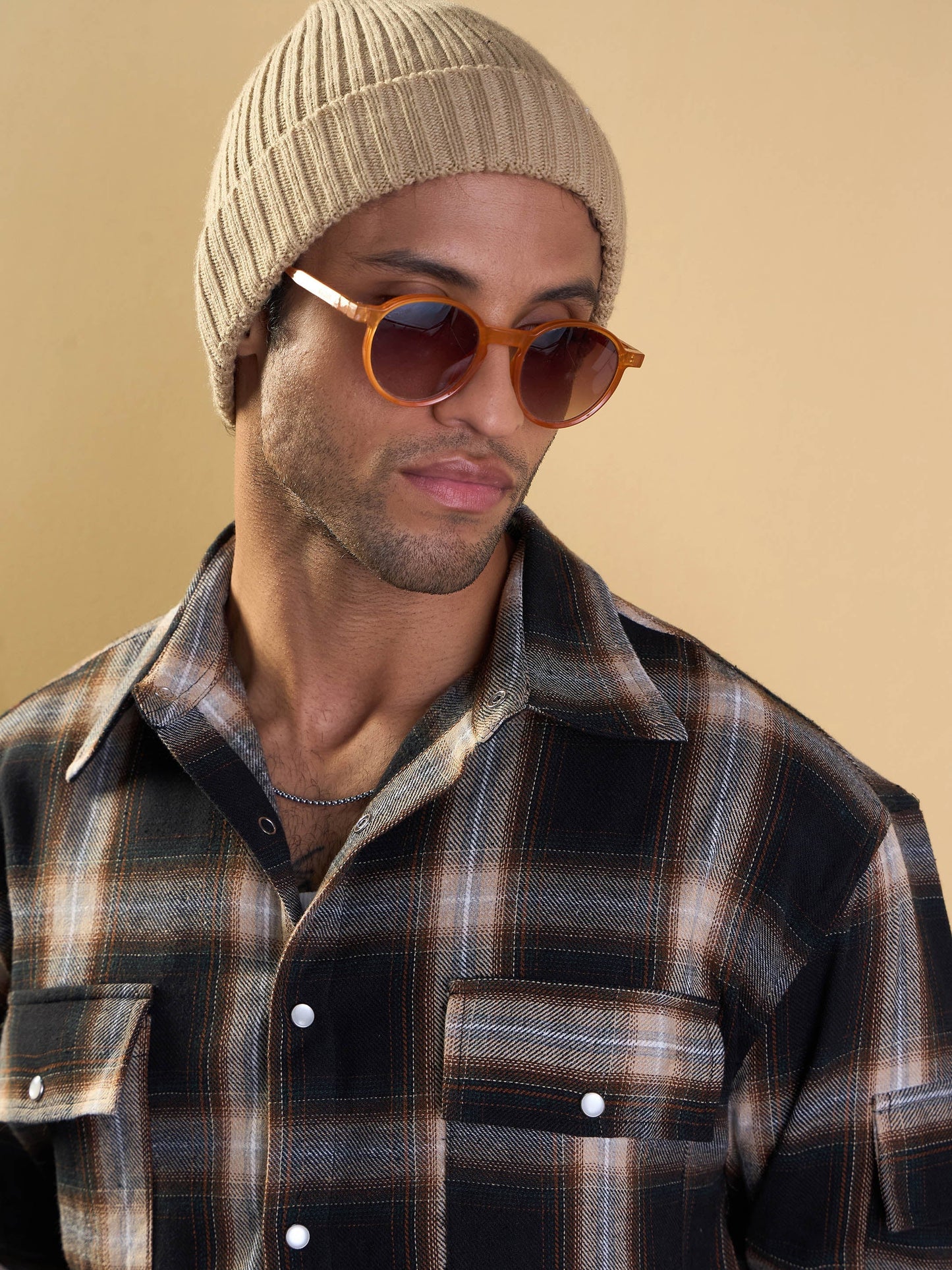 Men Black & Beige Check Utility Pocket Oversize Shirt