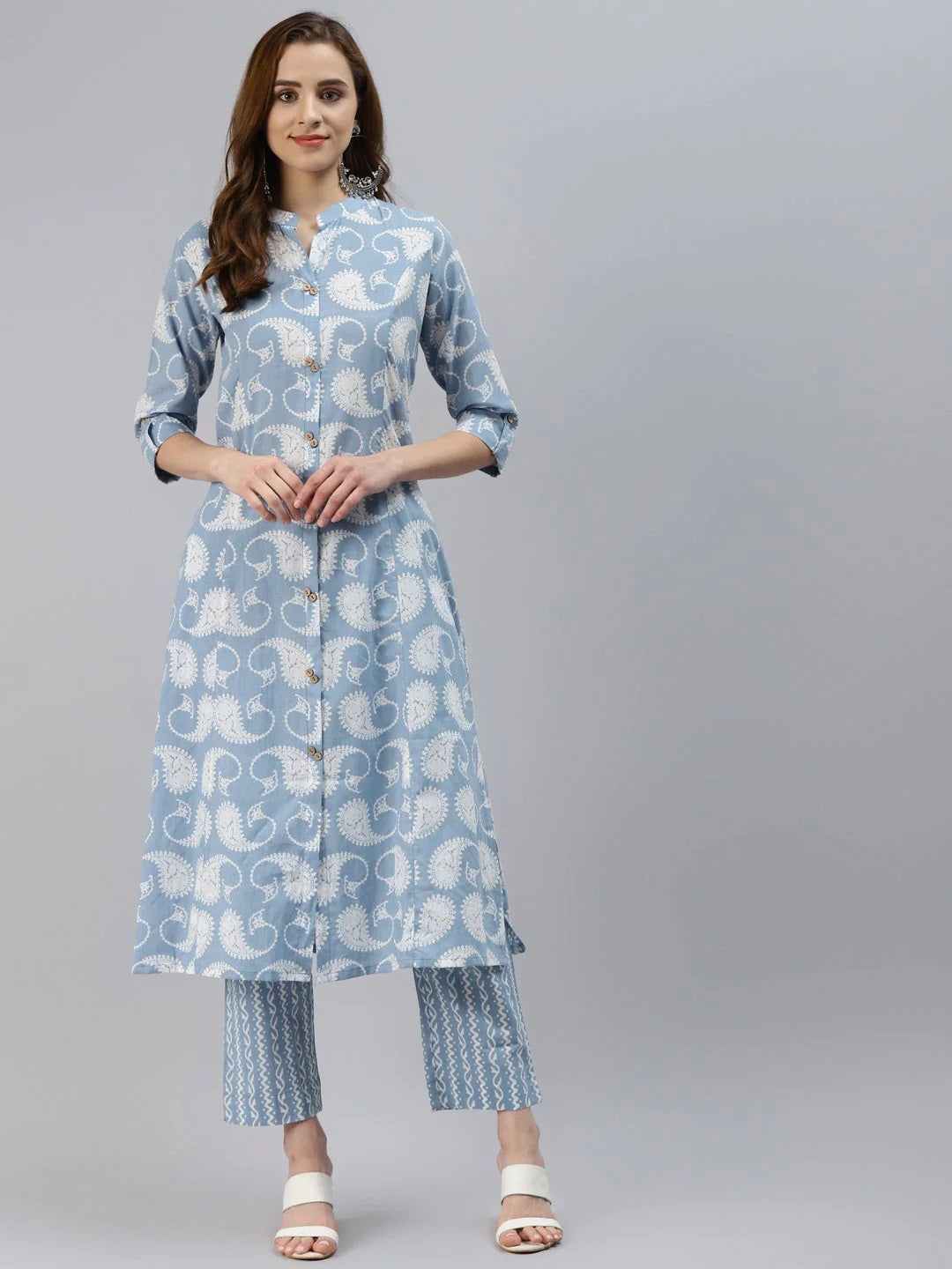 Women's SkyBlue Block Print Cotton A-line kurta with Pant set