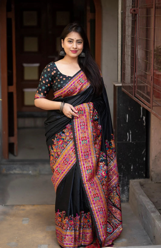 Women Party Wear Weaving Work Kashmiri Cotton Saree With Un Stitched Blouse (BLACK)