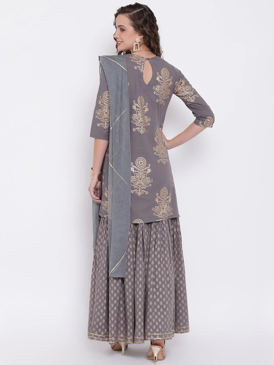 Women's Grey Foil Print Cotton Sharara Set with Net Dupatta