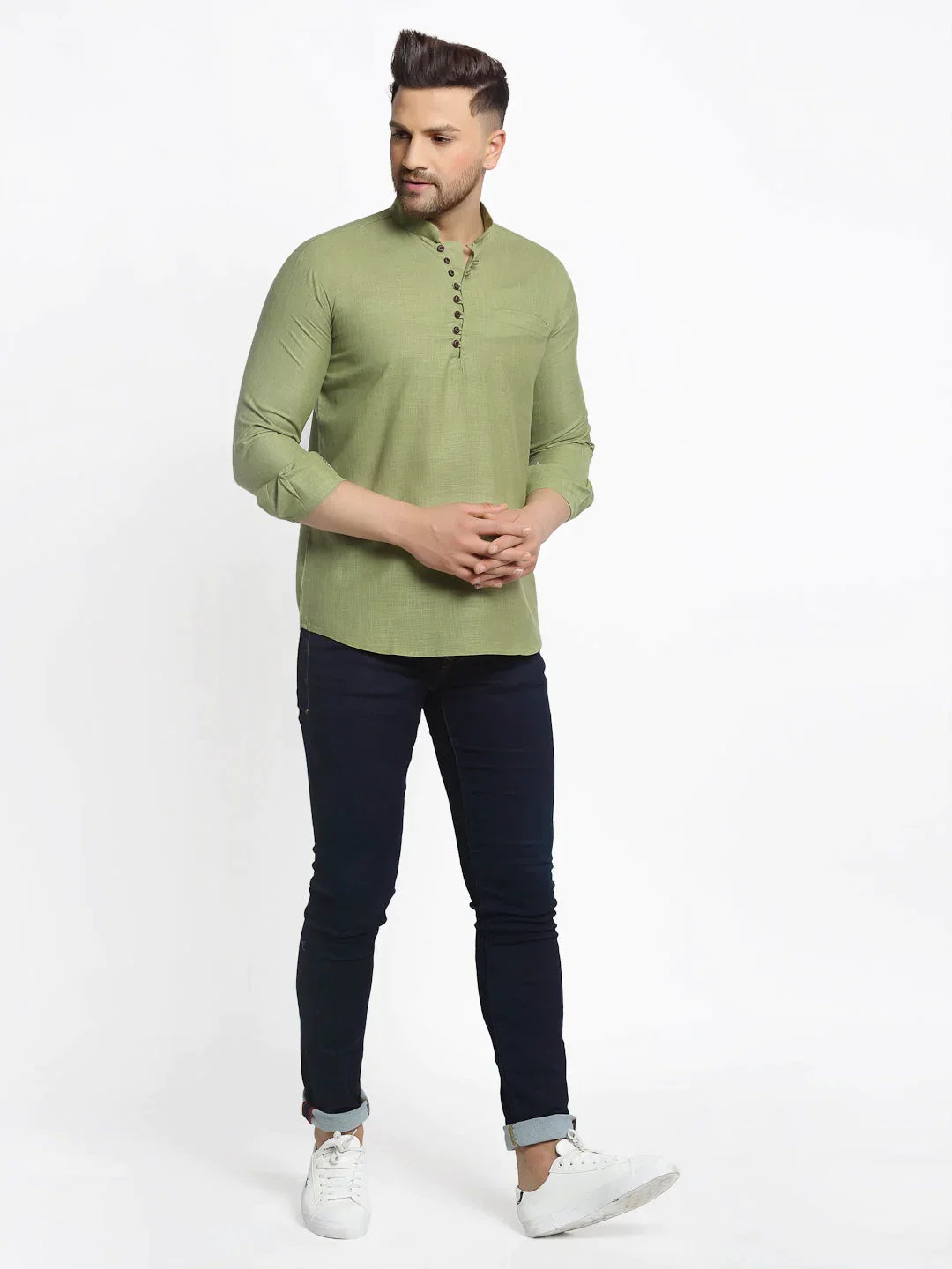 Men'S Olive Green Solid Cotton Short Kurta