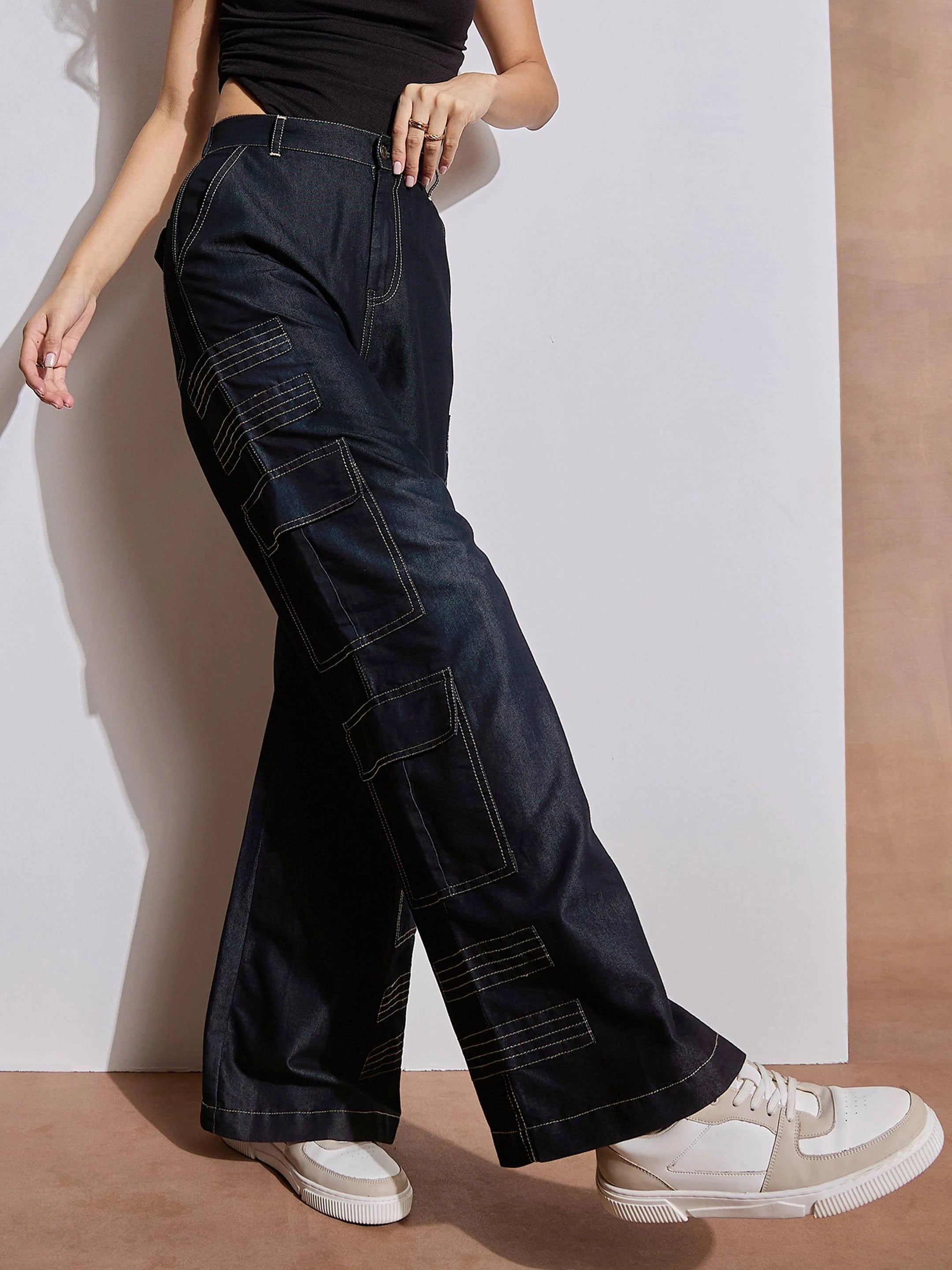 Women Black Tencel Contrast Stitch Cargo Pants