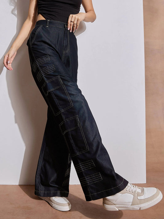 Women Black Tencel Contrast Stitch Cargo Pants