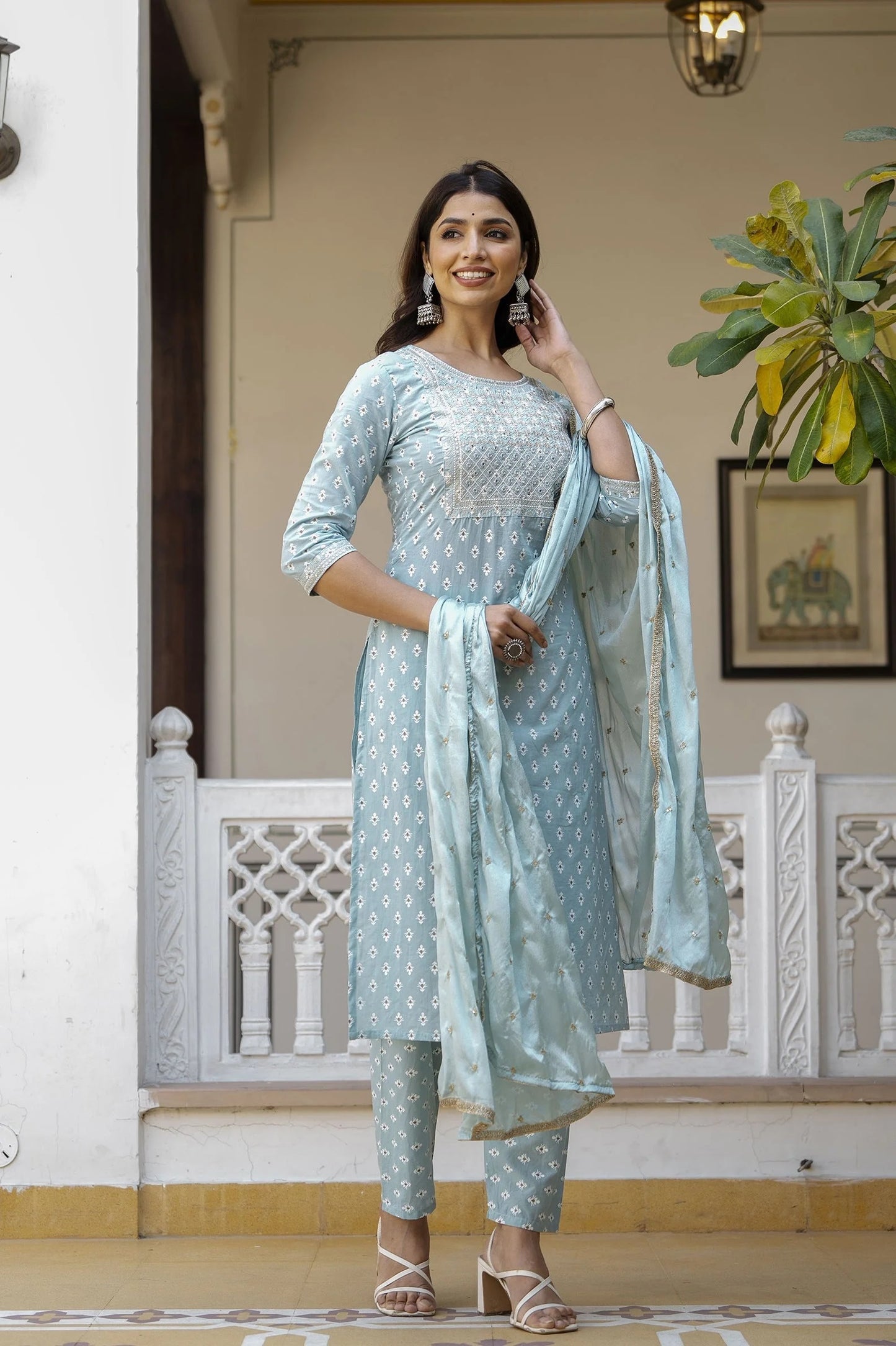 Women Blue Embroidered Straight Kurta With Trouser And Dupatta