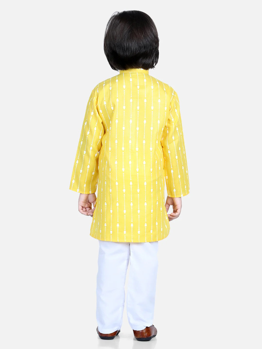 Printed Full Sleeve Cotton Kurta Pajama For Boys- Yellow