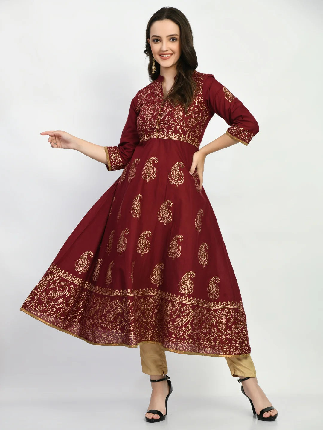 Brown Handblock Printed Anarkali Kurta