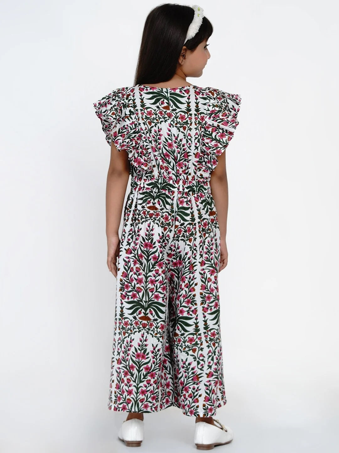 Girls Multicoloured Floral Printed Basic Jumpsuit