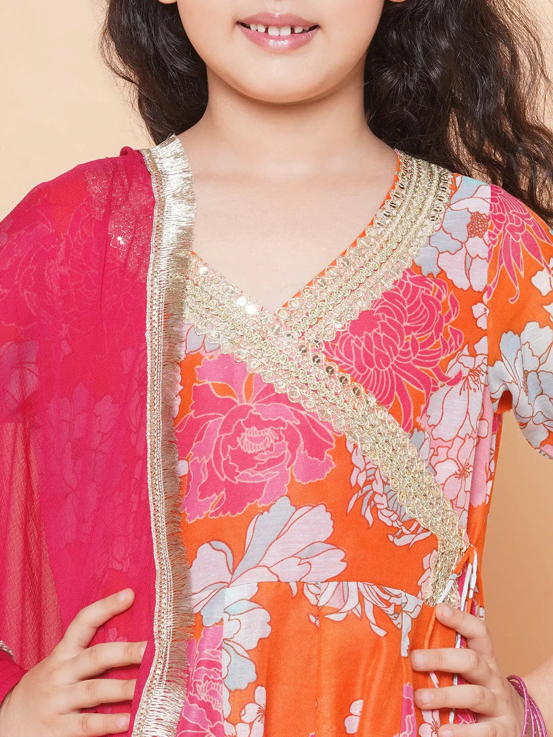 Girls Orange Multi Floral Printed Angrakha Gotta Patti Kurta & Sharara With Dupatta