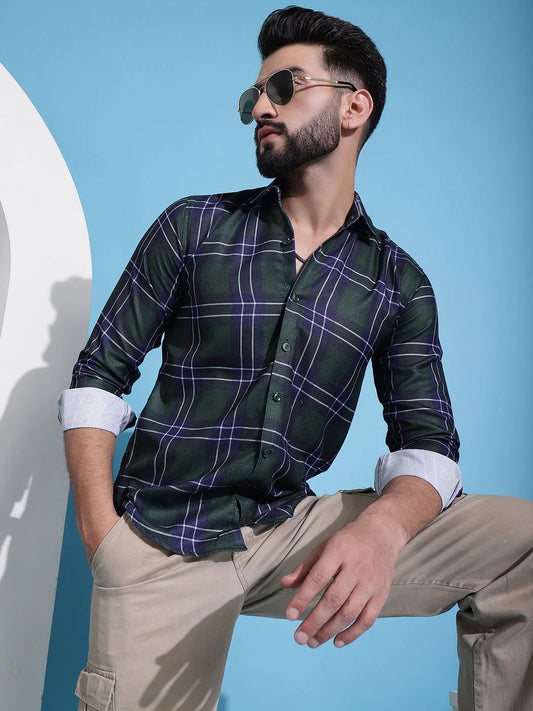 Olive Green Checked Cotton Casual Shirt For Men