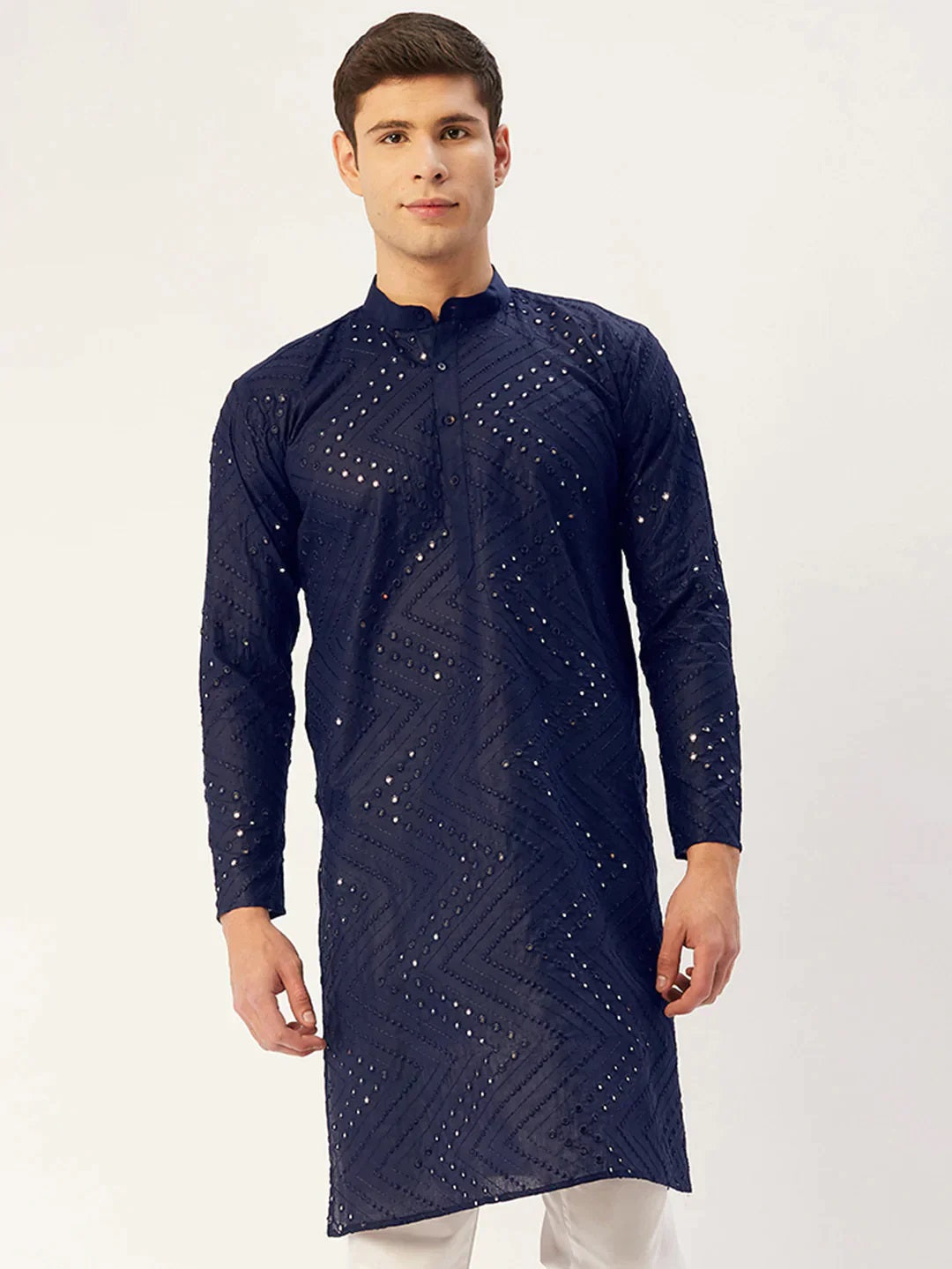 Men'S Navy Embroidered Mirror Work Kurta Pyjama