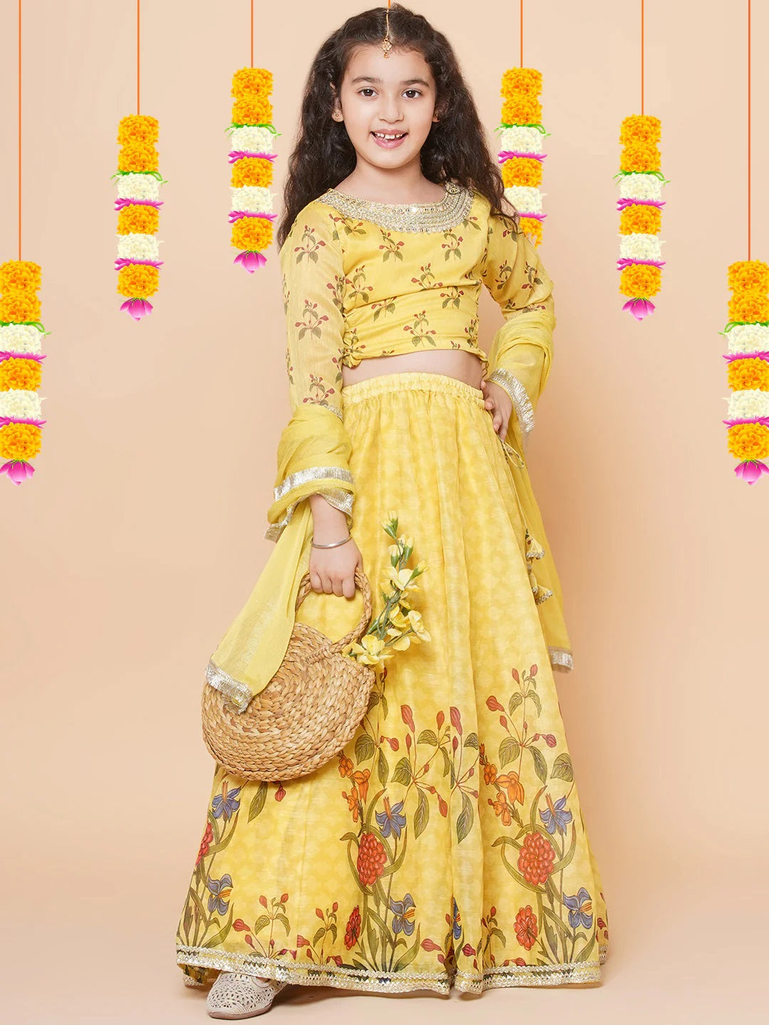 Girls Yellow Digital Flower Print Lace work Choli Ready to wear Lehenga with Dupatta