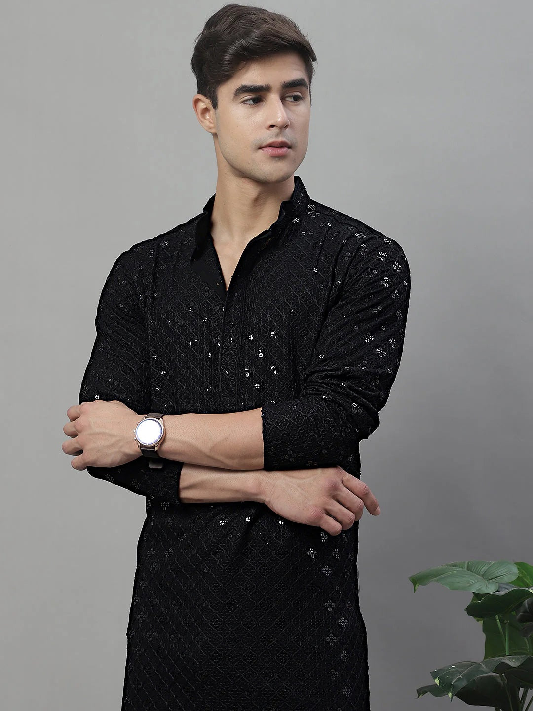 Men'S Black Chikankari Embroidered And Sequence Kurtas