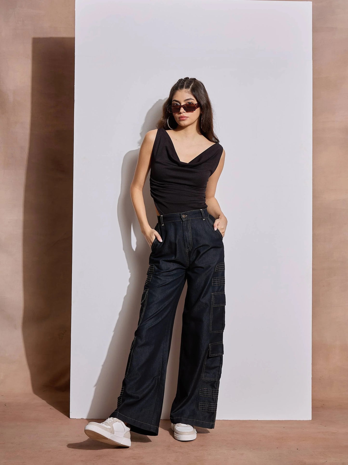 Women Black Tencel Contrast Stitch Cargo Pants