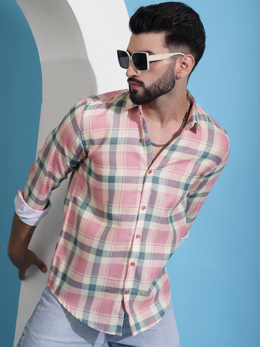 Peach Checked Cotton Casual Shirt For Men