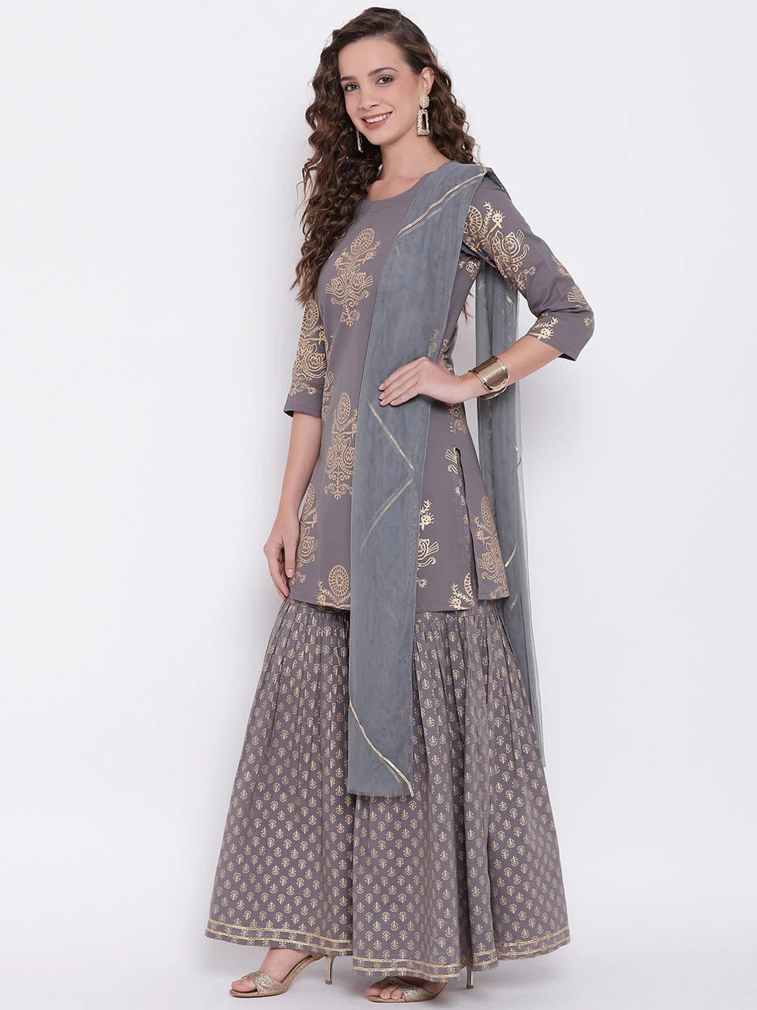 Women's Grey Foil Print Cotton Sharara Set with Net Dupatta