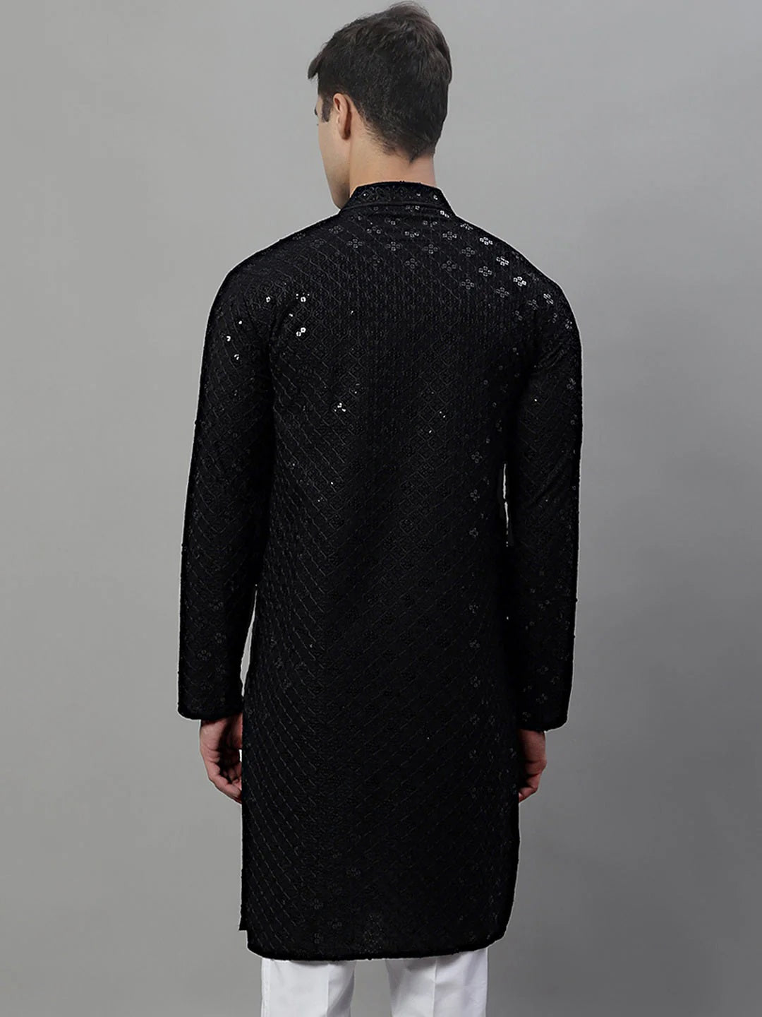 Men'S Black Chikankari Embroidered And Sequence Kurtas