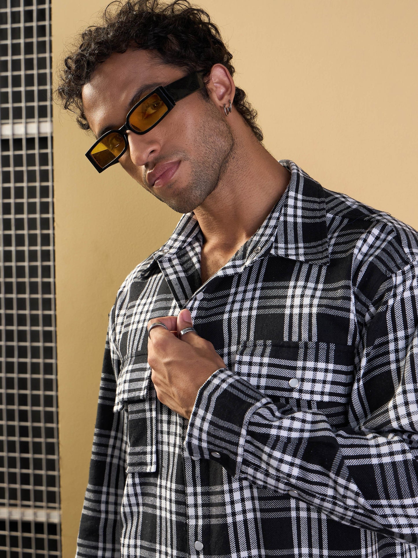 Men Black & White Check Flap Pocket Oversize Shirt