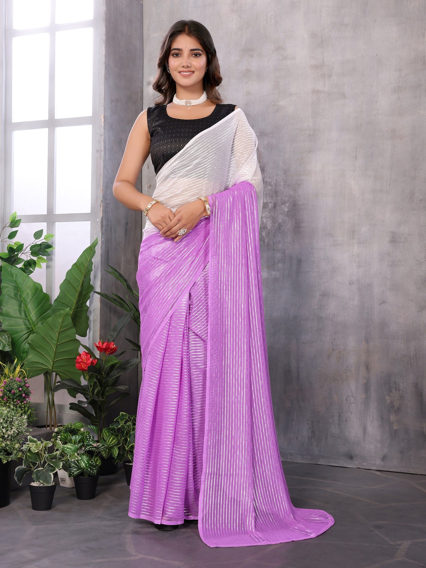 Women Party Wear Jari Weaving Worked Ready To Wear Saree With Un Stitched Blouse(Up To 44)Purple