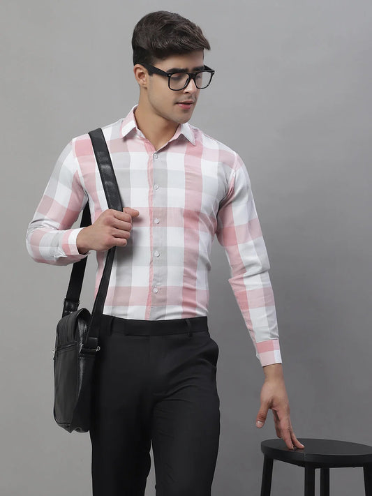 Men'S Pure Cotton Checked Formal Shirts (Pink)